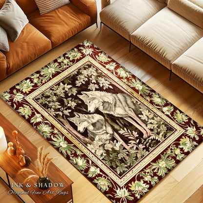 Ethereal Forest Wolves Art Rug Enchanted Folklore Forestcore Decor, Whimsical Woodland Gothic Ornate Baroque Whimsy Dark Fairycore Aesthetic