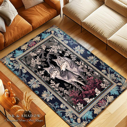 Dark Maximalist Wolf Accent Rug | Woodland Gothic Wolf Area Rug Nordic Style Whimsical Forestcore Decor Victorian Gothic Fairytale Artwork |