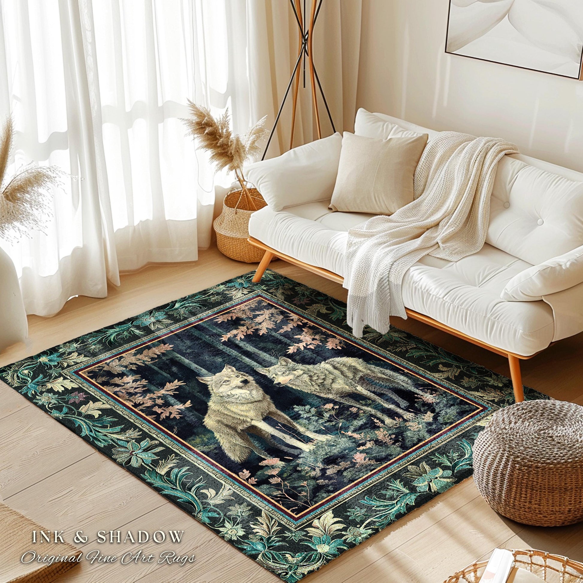 Deep Woods Moody Wolf Rug | Forestcore Botanical Gothic Area Rug Dark Academia Style Fairytale Bedroom Victorian Dark Maximalist Woodland |