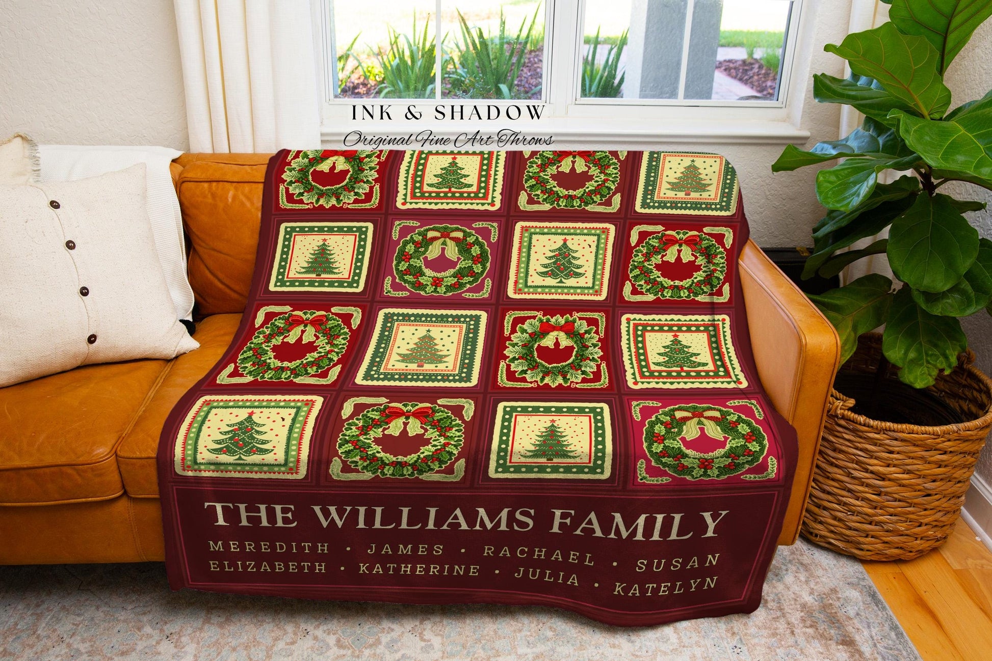 Heritage Family Tree Christmas Wreath Custom Tapestry Throw Vintage Nostalgic Festive Folk Art Blanket Personalized Names Grandparents Gift