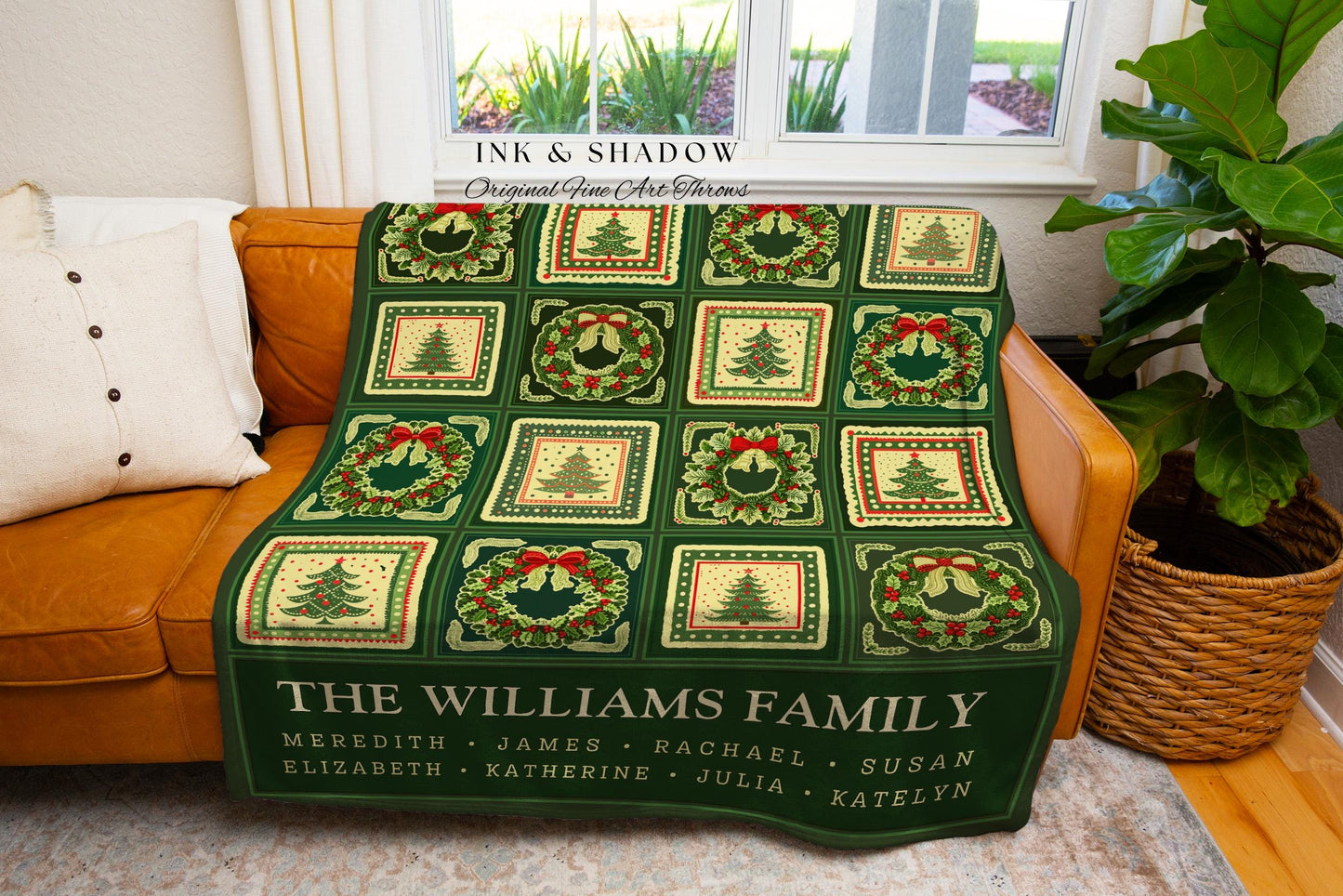 Custom Retro Holiday Throw Personalized Christmas Wreath & Tree Tapestry Blanket with Family Names Festive Meaningful Gift for Grandparents