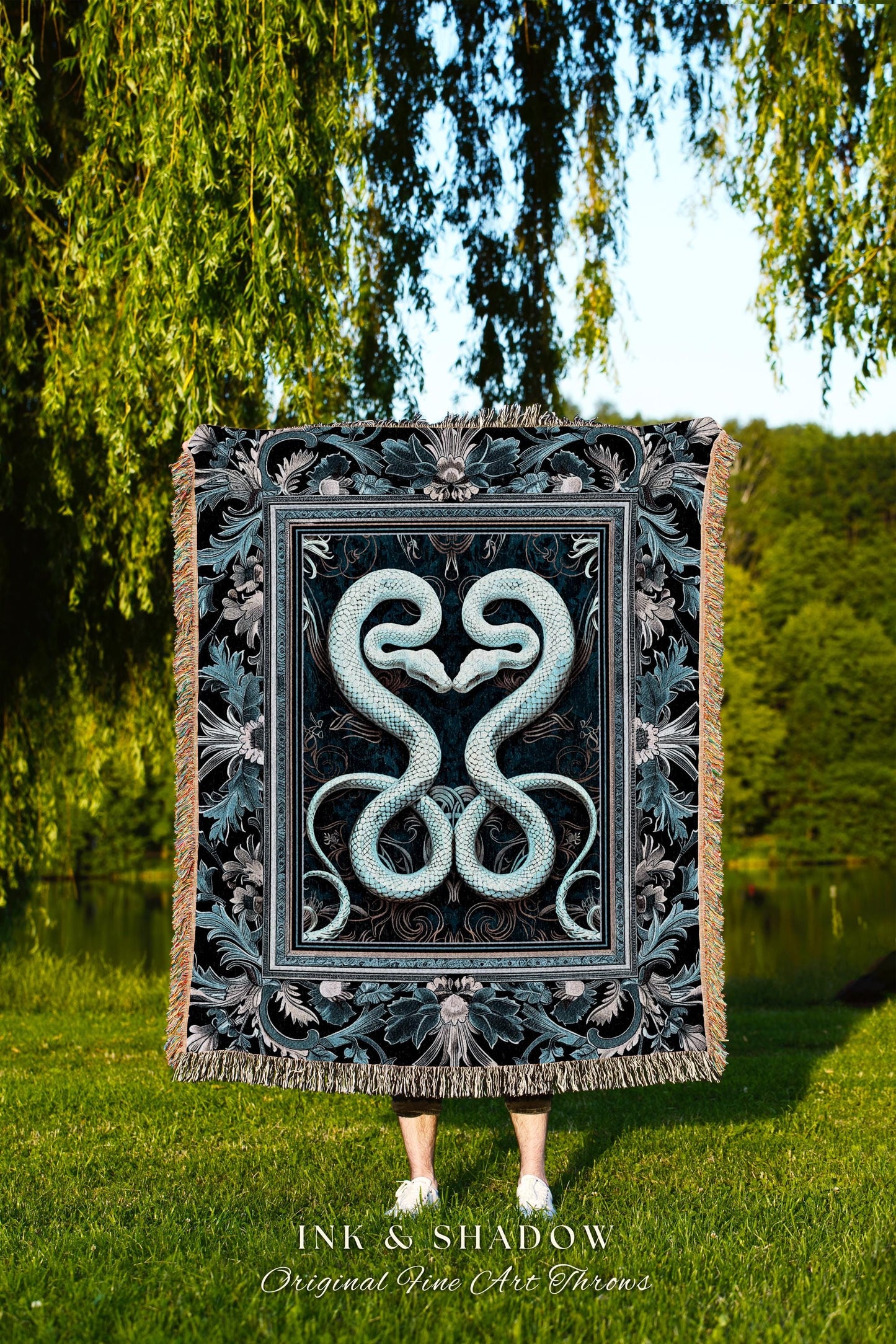 Mystic Dusty Blue Serpent Blanket Dark Academia Whimsigothic Fairy Grunge, Whimsical Witchy Snake Art Victorian Gothic Moody Tapestry Throw