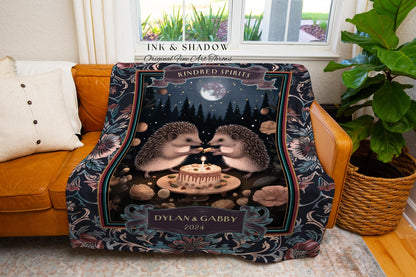 Kindred Spirits Custom Couple Moonlit Forest Hedgehog Lovers Blanket, Mystical Woodland Wedding Cute Anniversary Personalized Tapestry Throw