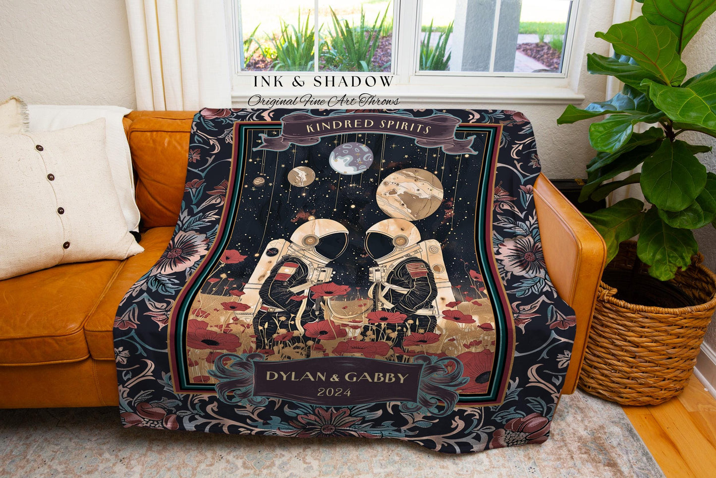 Lunar Lovers Personalized Throw | Celestial Couple Design His and Hers Cosmic Wedding Anniversary Blanket To The Moon & Back Woven Tapestry