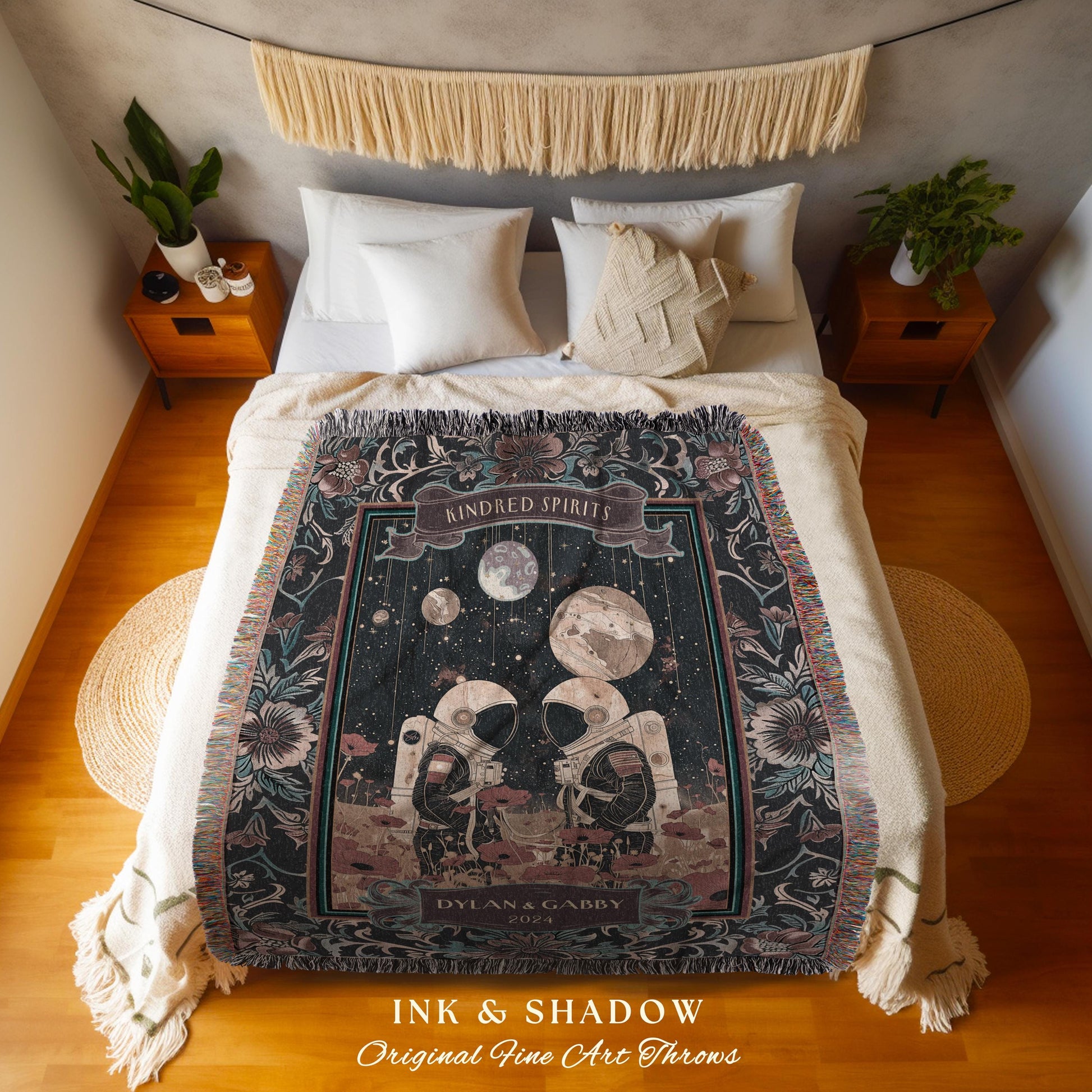 Lunar Lovers Personalized Throw | Celestial Couple Design His and Hers Cosmic Wedding Anniversary Blanket To The Moon & Back Woven Tapestry