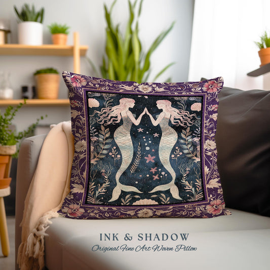 Retro Art Deco Mermaid Pillow Whimsical Coastal Cottagecore | Vintage Purple Floral Enchanted Underwater Fantasy Sirens Tapestry Cushion