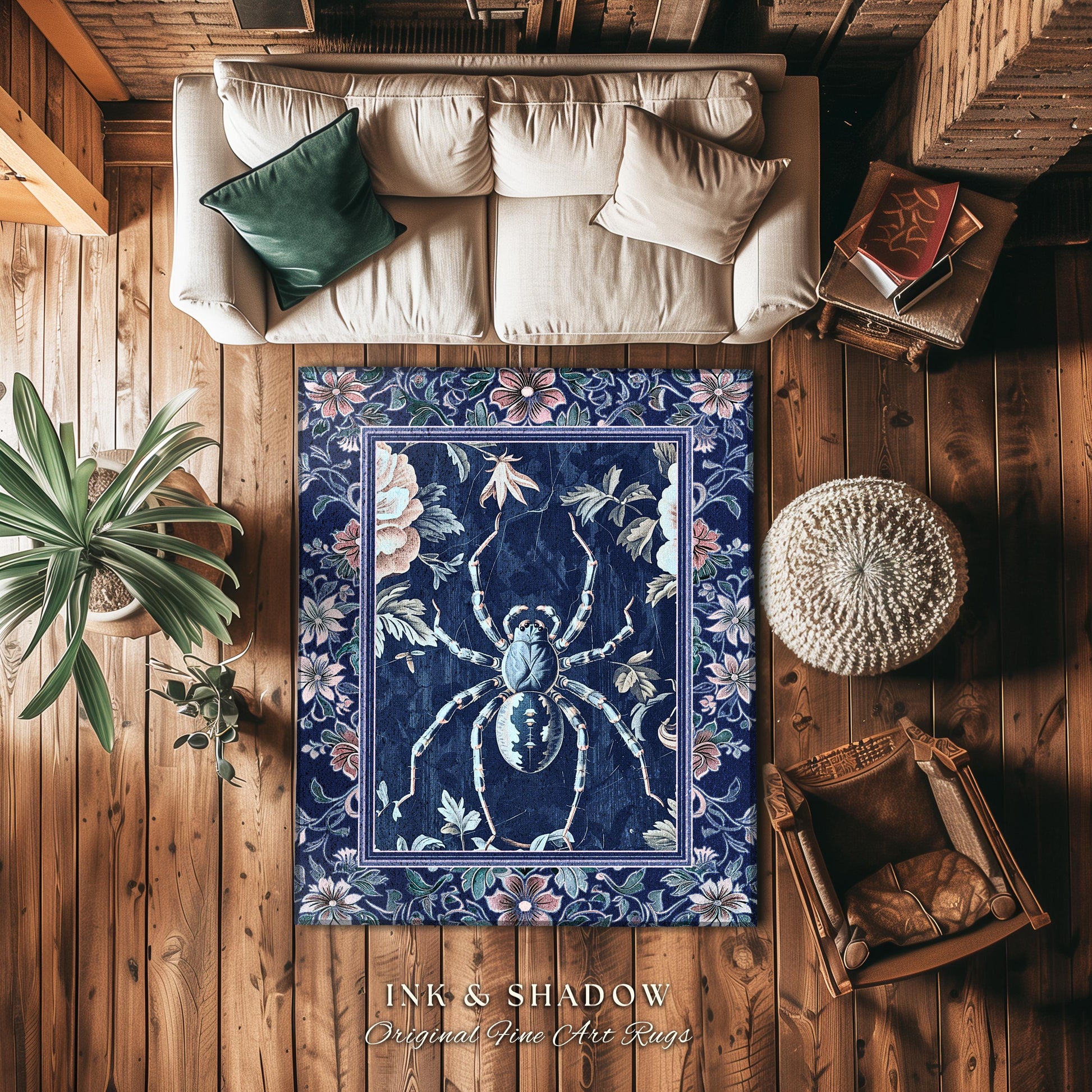 French Baroque Antique Blue Botanical Spider Rug Gothic Victorian Cottagecore Decor | Whimsical Vintage Enchanted Nature Flora Home Accent