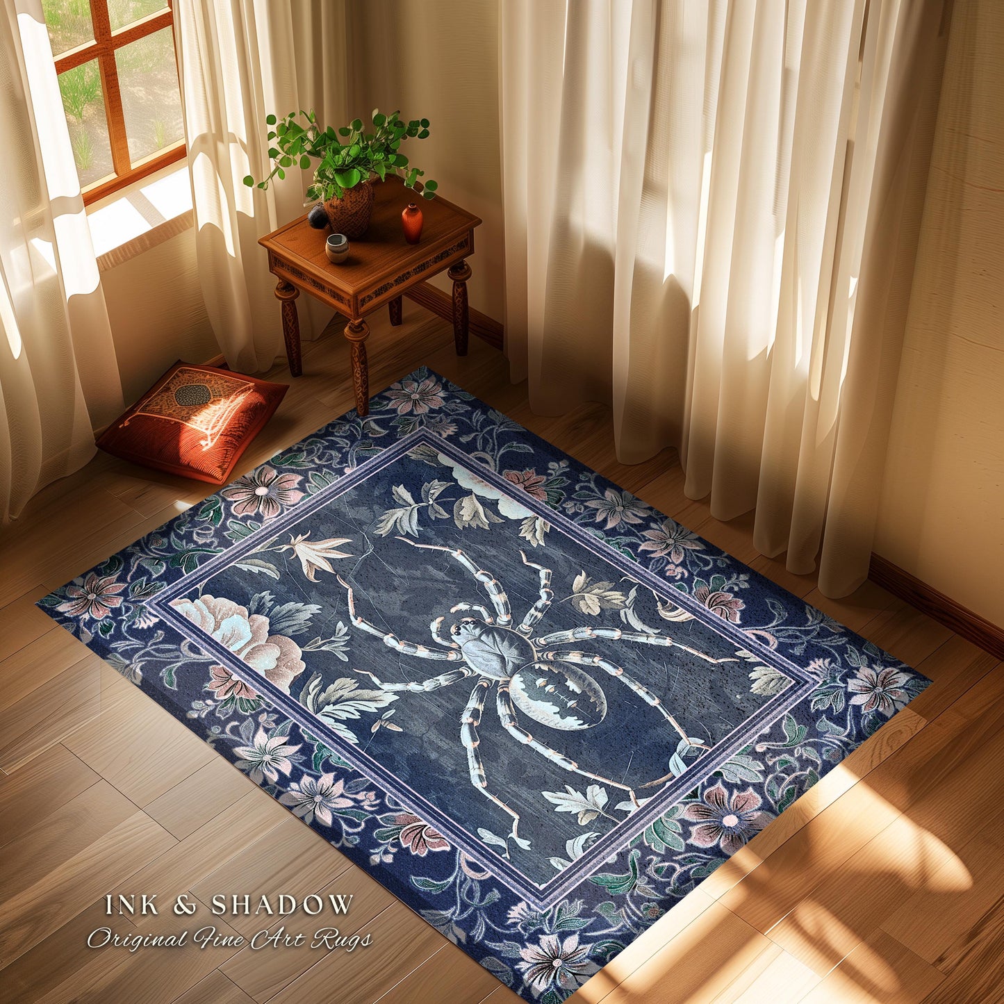 French Baroque Antique Blue Botanical Spider Rug Gothic Victorian Cottagecore Decor | Whimsical Vintage Enchanted Nature Flora Home Accent