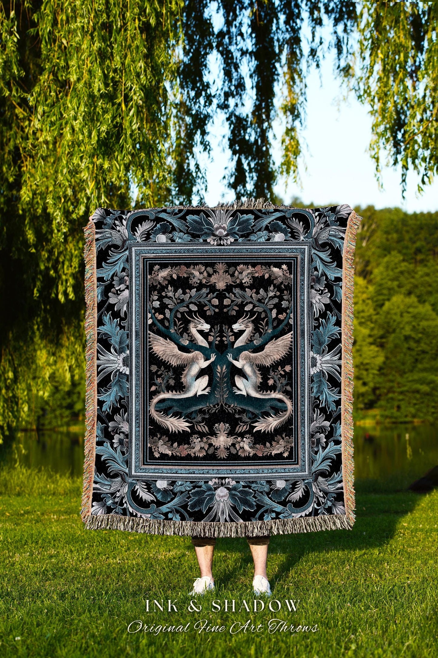 Indigo Dusty Blue Medieval Dragon Blanket Fairycore Boho Art Nouveau Home | Vintage Dark Academia Victorian Gothic Fairytale Tapestry Throw