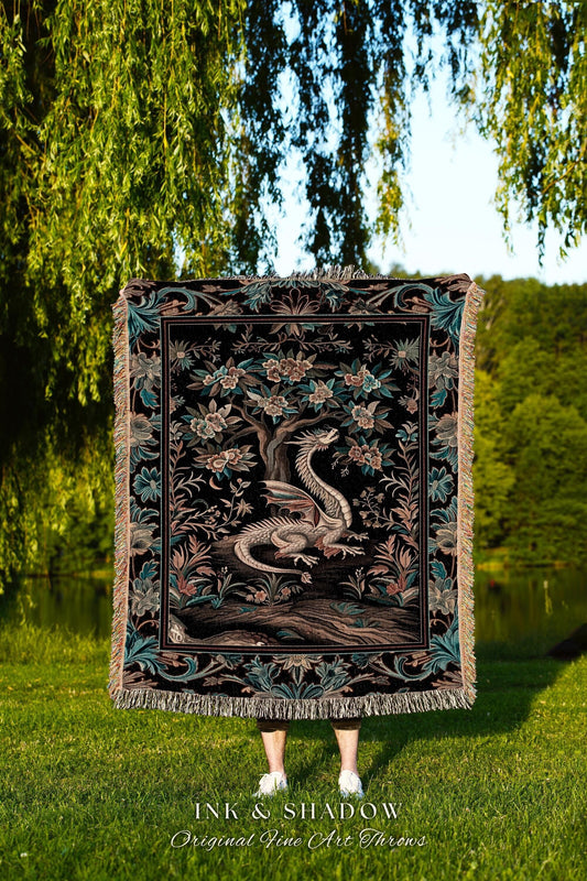 Dark Nature Enchanting Dragon Art Tapestry Blanket Mystical Fantasy Dragon Exotic Home Decor | Ethereal Woodland Magical Creature Goblincore