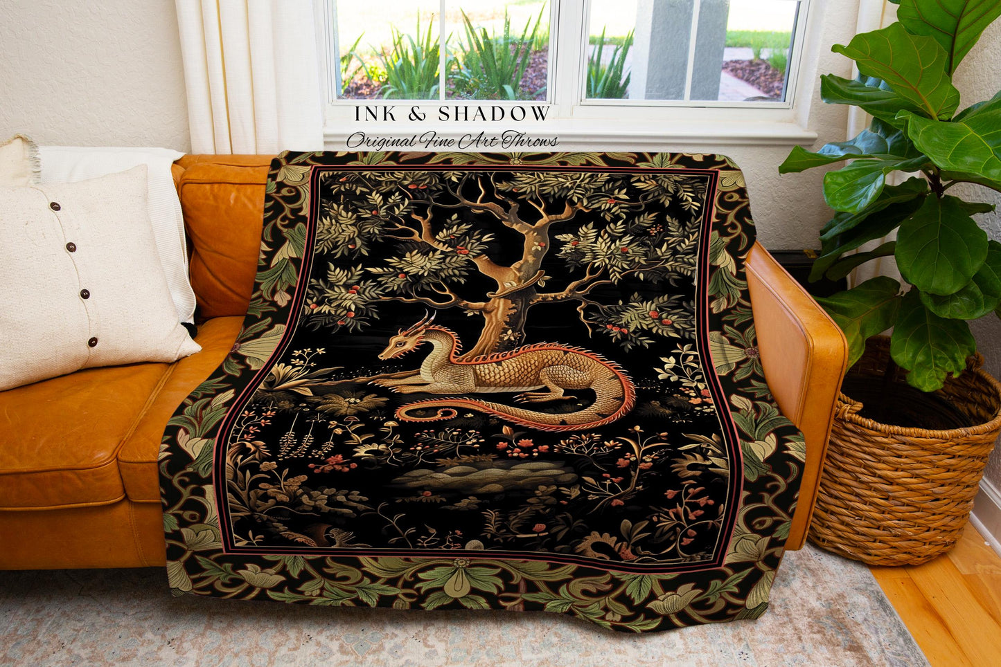 Bohemian Dragon Blanket Artistic Escape Academia Baroque Inspired Tapestry Throw, Ethereal Gothic Enchanting Art Nouveau Antique Style Decor