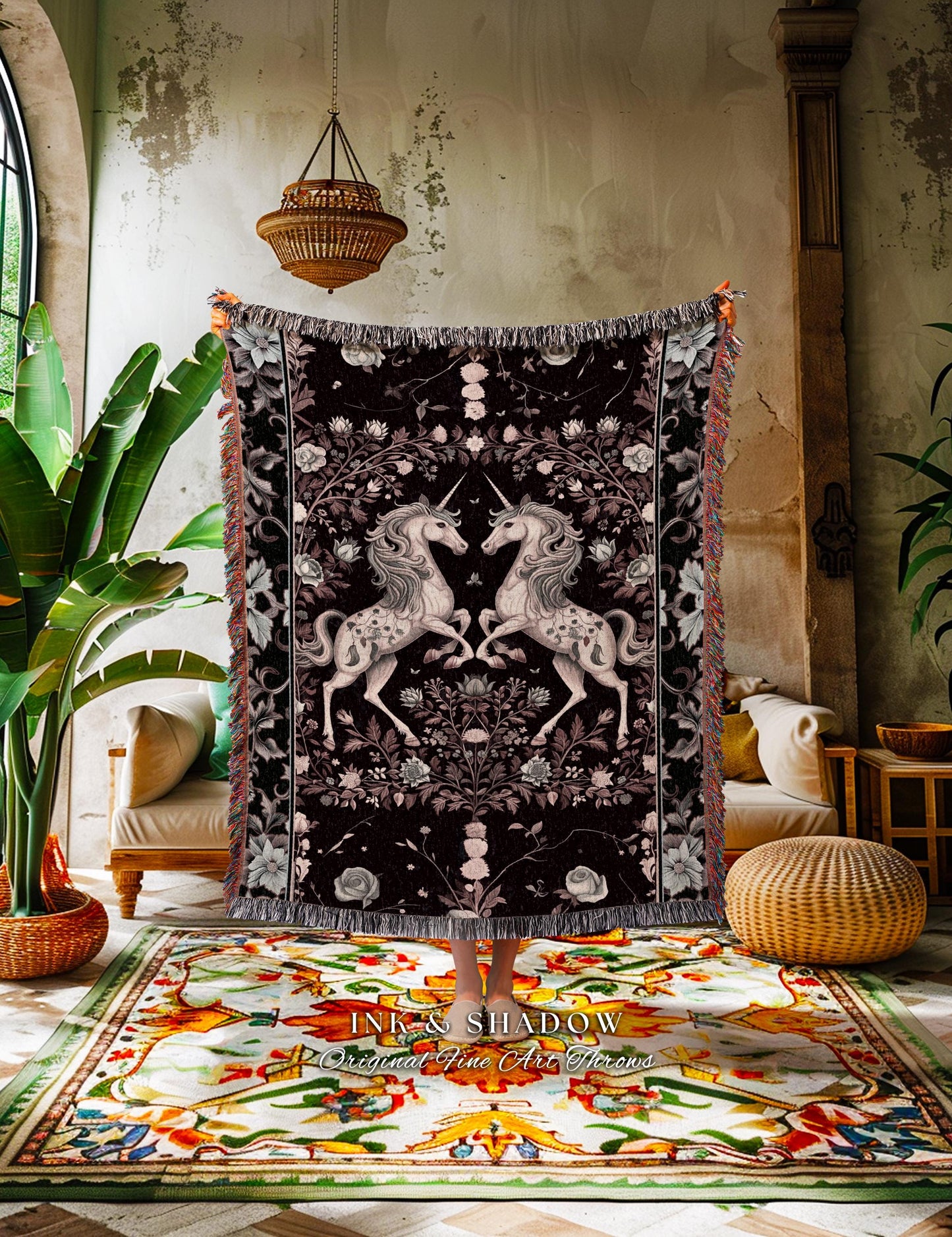 Dark Fairytale Unicorn Throw Blanket | Whimsical Fairycore Woven Tapestry Blanket Victorian Gothic Floral Decor Baroque Romantic Mystic Cute