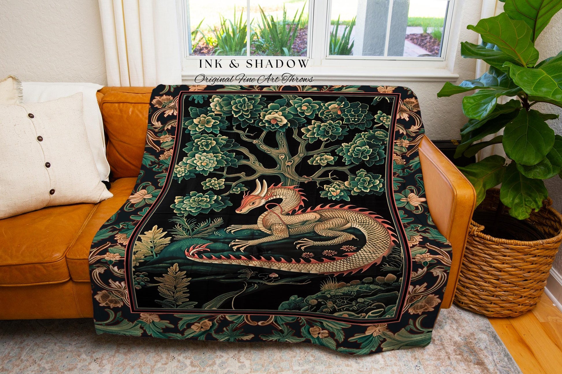 Woodland Dragon Tapestry Throw Enchanted Forest Medieval Fantasy Charm Dark Forestcore Fairytale Cottagecore Renaissance Nature Art Blanket