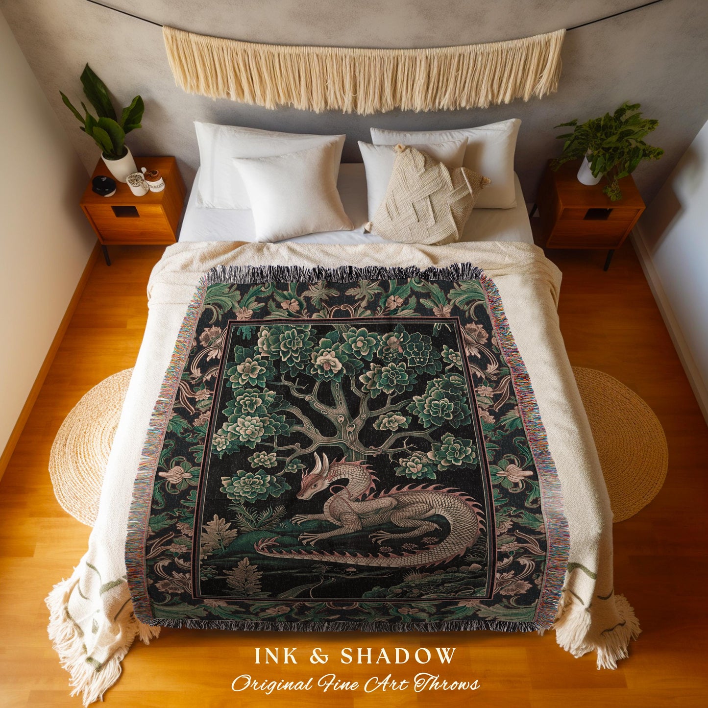 Woodland Dragon Tapestry Throw Enchanted Forest Medieval Fantasy Charm Dark Forestcore Fairytale Cottagecore Renaissance Nature Art Blanket