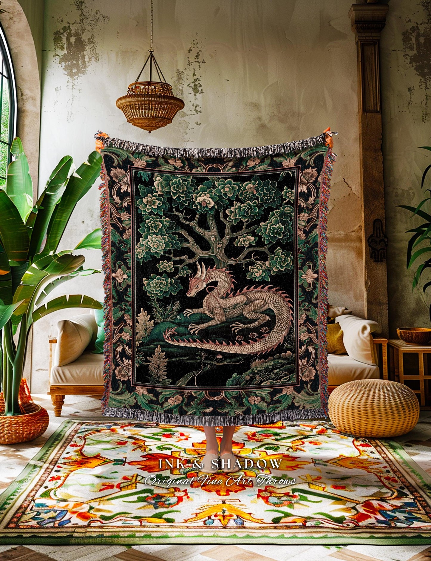 Woodland Dragon Tapestry Throw Enchanted Forest Medieval Fantasy Charm Dark Forestcore Fairytale Cottagecore Renaissance Nature Art Blanket