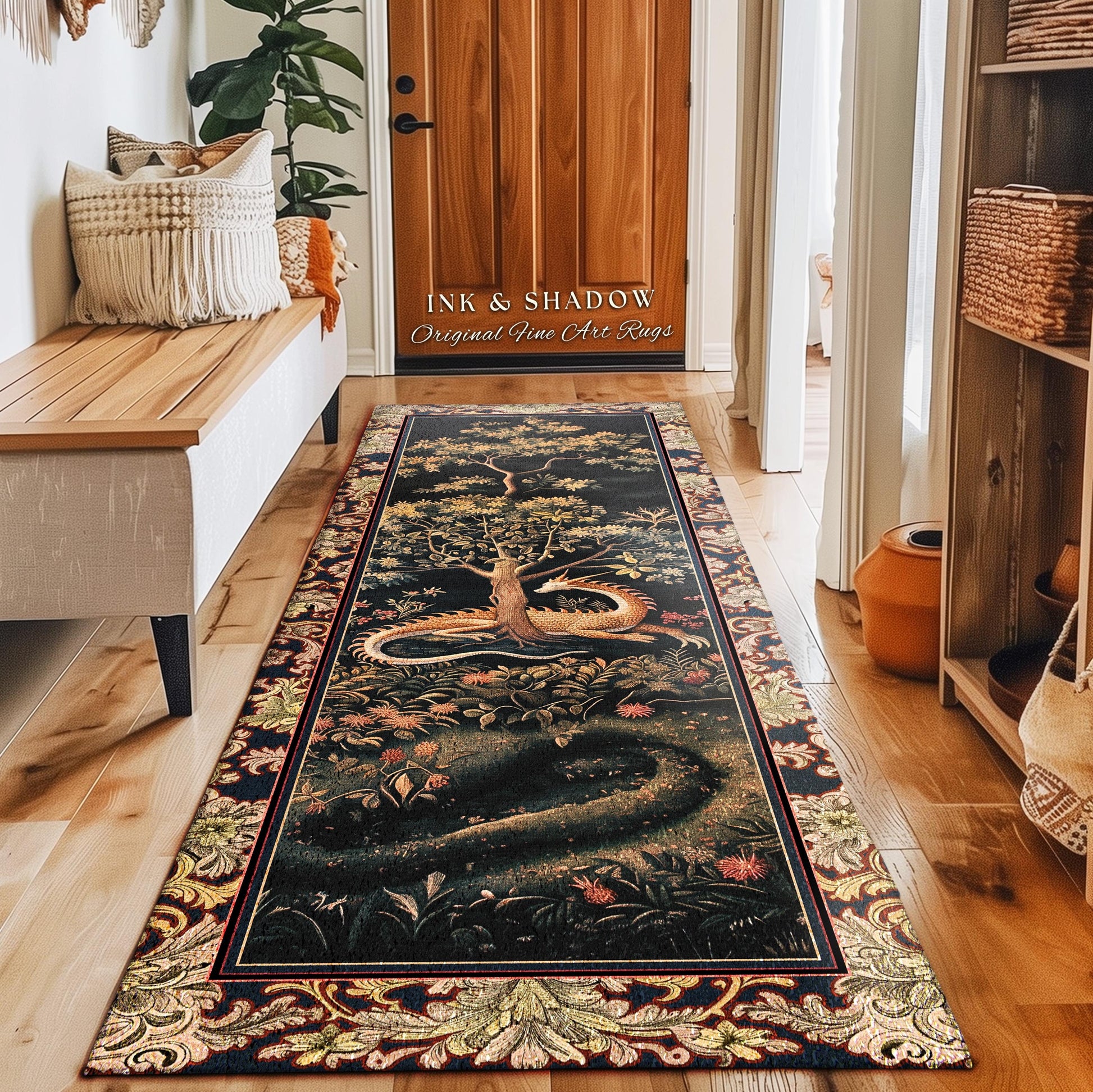 Ancient Dragon Art Rug Mystical Enchanting Forest Decor | Antique Baroque Aesthetic Academia Dark Fantasy Ethereal Runner Rug Folklore Home