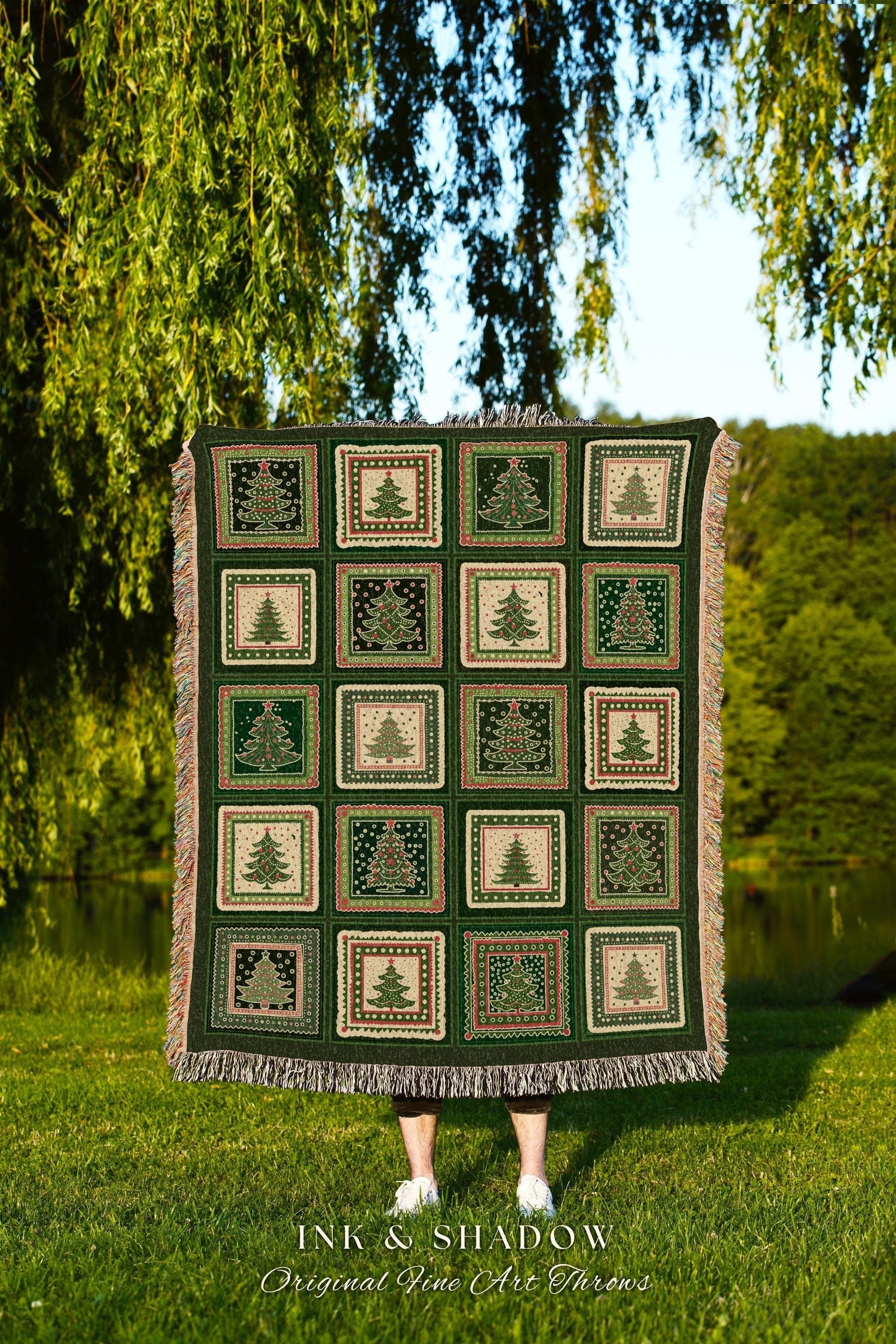 Nostalgic Retro Forest Green Checkered Christmas Tree Folk Art Blanket | Vintage Cottagecore Festive Tapestry Throw Winter Farmhouse Accent