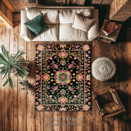 Maximalist Bohemian Area Rug | Dark Floral Aesthetic Living Room Home Decor Rustic Housewarming Gift Cottagecore Earth Tone Bedroom Mat