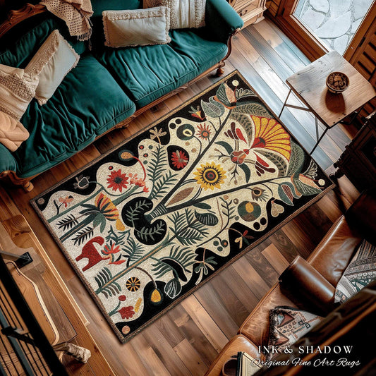 a living room with a couch and a rug on the floor