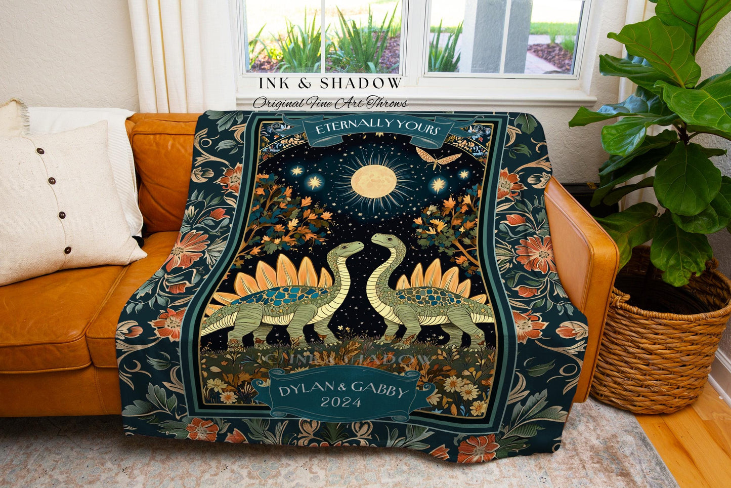 Cute Couples Blanket Dinosaur Tapestry | Woven Blanket To the Moon & Back Sentimental Dino Lovers Moonlit Fantasy Wedding Anniversary Boho |