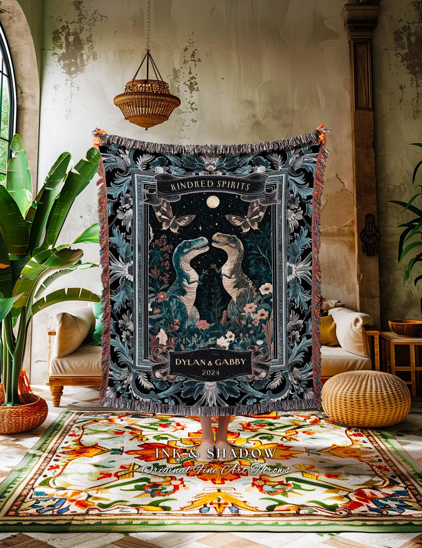 Custom Cute Dinosaur Tapestry | Celestial T-rex Nostalgic Folklore Enchanted Starry Night Personalized Keepsake Wedding Anniversary Lovers