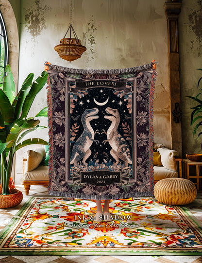 The Lovers Dino Custom Couple Tapestry Blanket Celestial T-rex Nostalgic Folklore Enchanted Starry Night Wedding Anniversary Valentine Throw