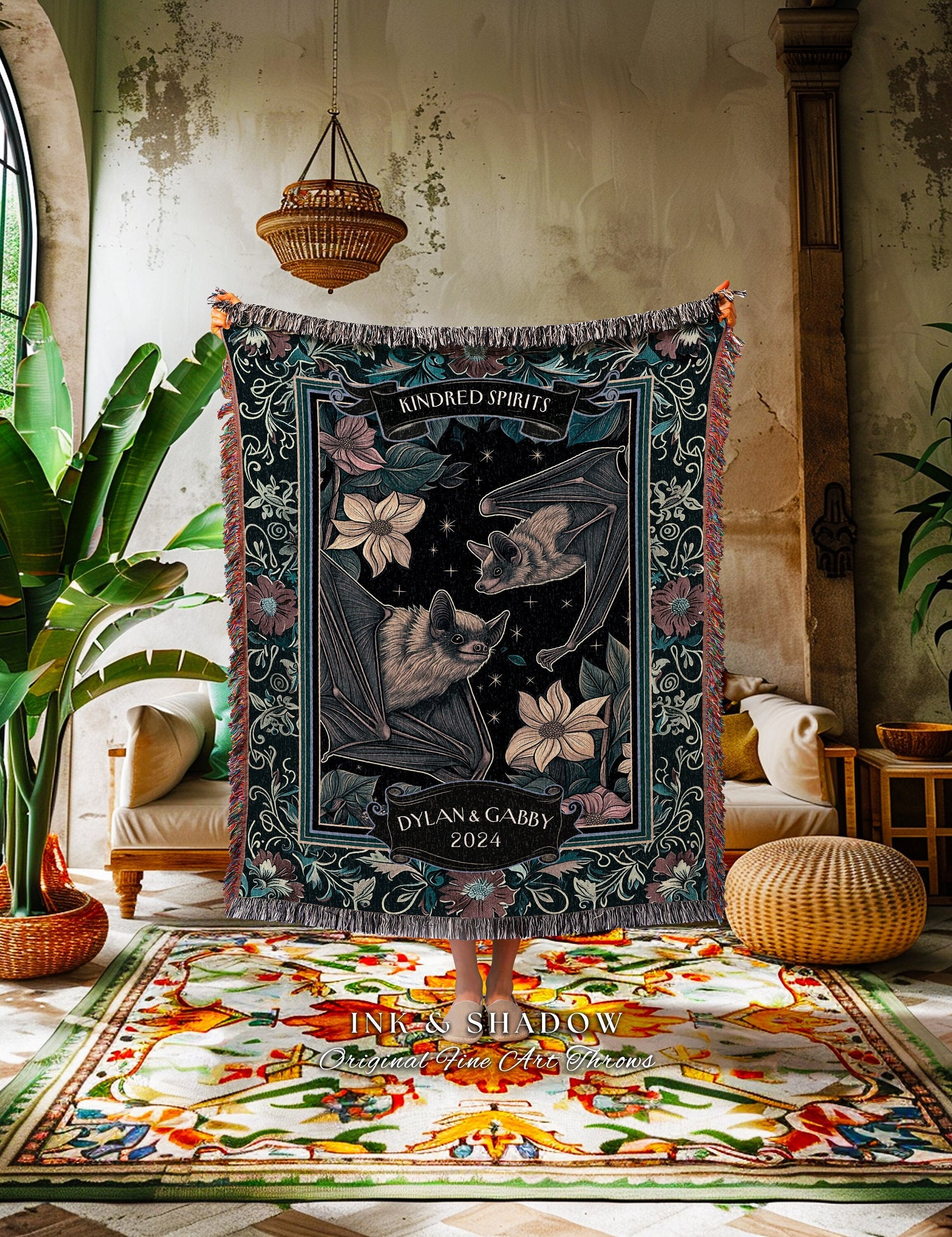 Ethereal Woodland Bat Couple Throw Blanket | Dark Floral Bat Lovers Tapestry Personalized Boho Wedding Blanket Gift for Bestie Thoughtful |