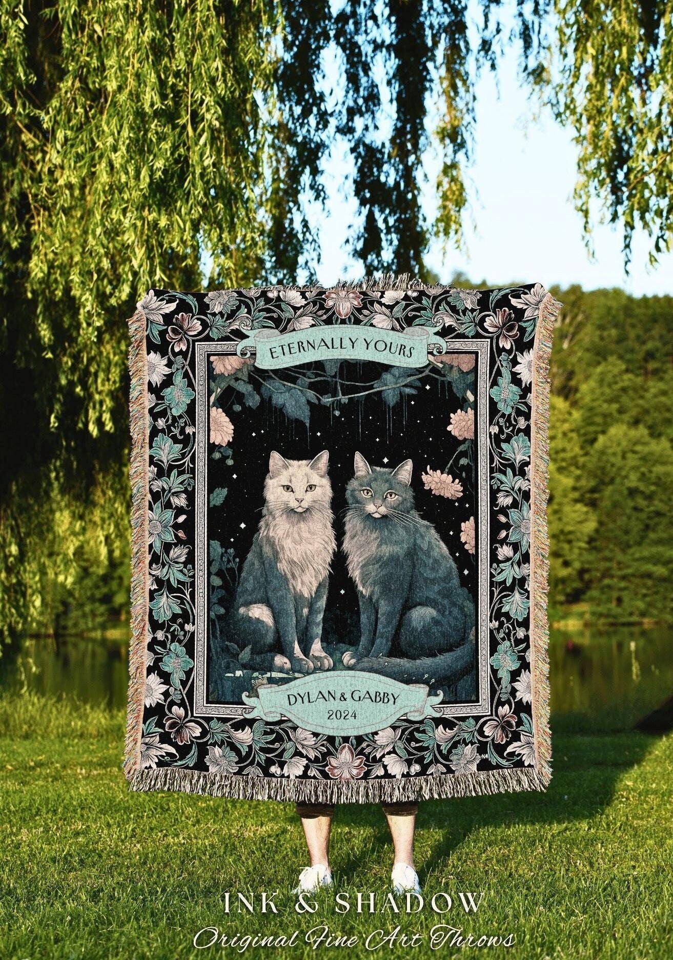 Mystic Wedding Blanket Personalized Tapestry | Victorian Aesthetic Woven Throw Blanket Gift for Cat Lover Custom Dating Anniversary Gothic |