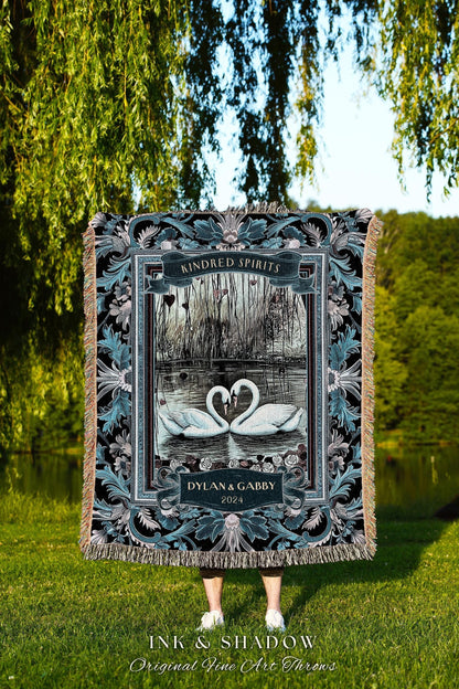 Romantic Swan Couple Picnic Blanket | Victorian Gothic Swan Couple Woodland Wedding Gift Til Death Do Us Part Blanket Gift for Girlfriend |