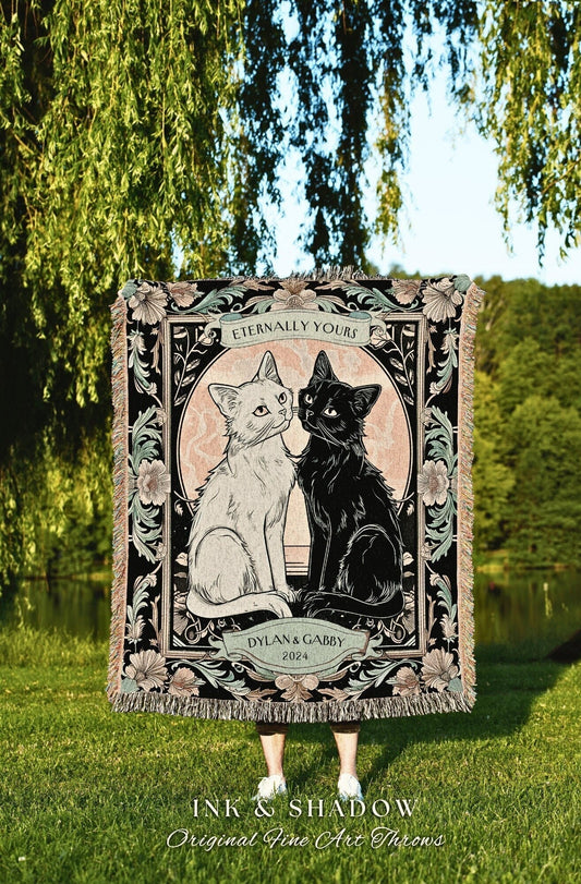 Retro Gothic Cat Couple Custom Tapestry | Vintage Witchy Aesthetic Woven Throw Custom His & Hers Tarot Gift for Cat Lover Personalized |