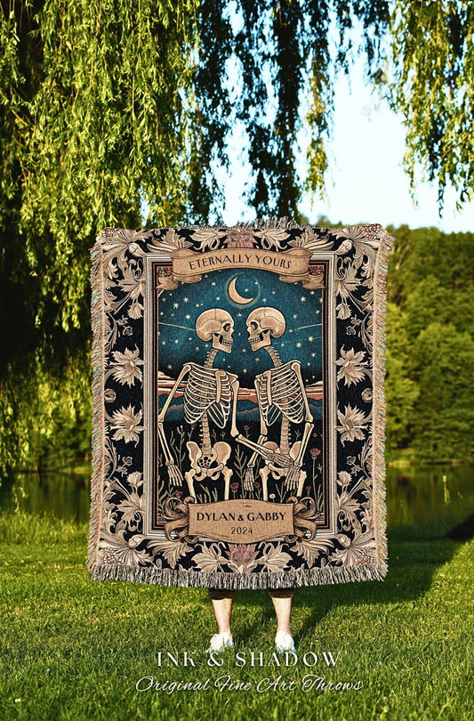 Lovers in the Moonlight Tarot Aesthetic Blanket | Skeleton Couple Tapestry Wedding Anniversary Gift Personalized Thoughtful Custom Names |