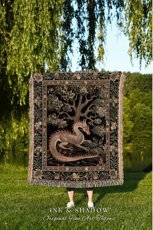 Pastel Dragon Blanket Woven Throw | Medieval Aesthetic Fairytale Fantasy Decor Ethereal Style Cottagecore Fairycore Woven Throw Tapestry |