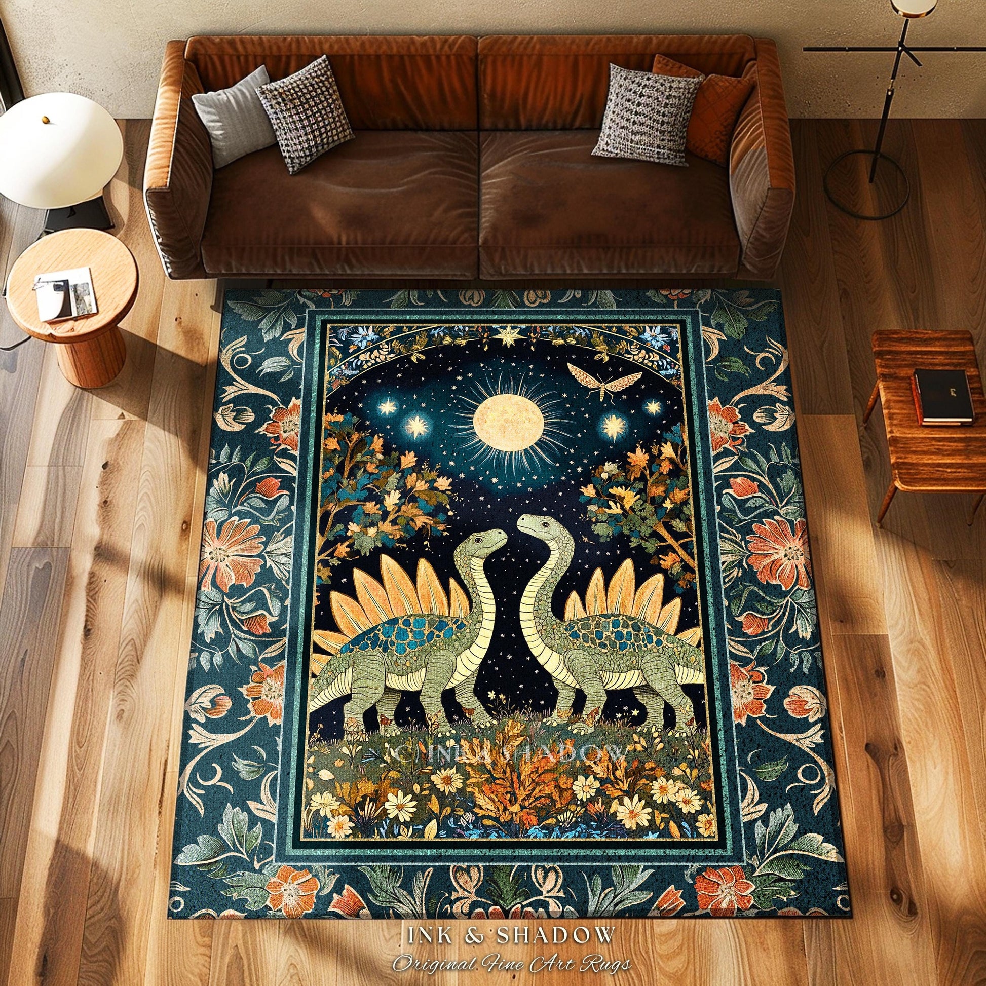 Whimsical Forestcore Mystical Dinosaur Rug Starry Night Enchanted Woodland Decor | Magic Celestial Cottagecore Stegosaurus Art Home Accent