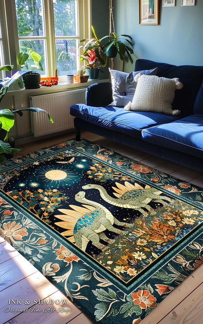 Whimsical Forestcore Mystical Dinosaur Rug Starry Night Enchanted Woodland Decor | Magic Celestial Cottagecore Stegosaurus Art Home Accent