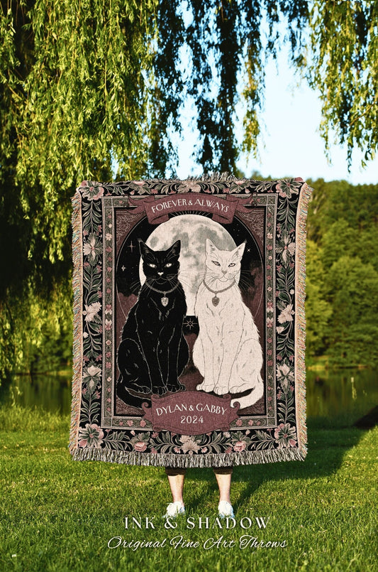 Ethereal Cat Lover Woven Throw | Witchy Aesthetic Woven Throw Custom His & Hers Gift for Cat Mom Personalized Dark Academia Tarot Style |