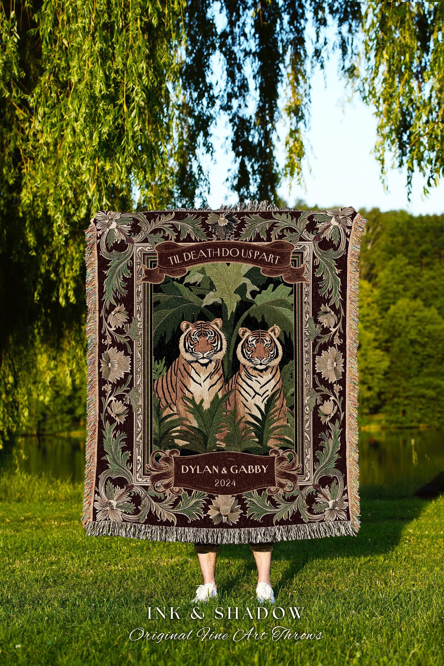 Botanical Tiger Couple Cozy Anniversary Gift | Personalized Woven Blanket Wedding Custom Gift Throw Custom His & Her Names Cute Tapestry |