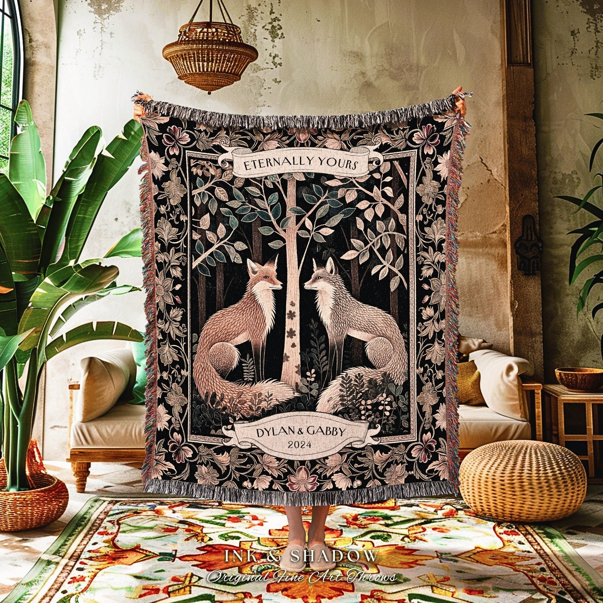 Scandinavian Fox Custom Couples Blanket | Woodland Wedding Gothic Fox Blanket Cute Couples Tapestry Personalized Dating Anniversary Blanket