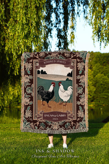 Western Aesthetic Anniversary Throw Blanket | Farmhouse Aesthetic His & Hers Custom Woven Tapestry Retro Chicken Couple Anniversary Cute |