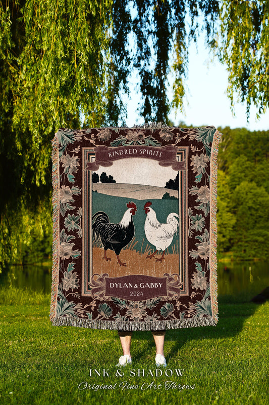 Western Aesthetic Anniversary Throw Blanket | Farmhouse Aesthetic His & Hers Custom Woven Tapestry Retro Chicken Couple Anniversary Cute |