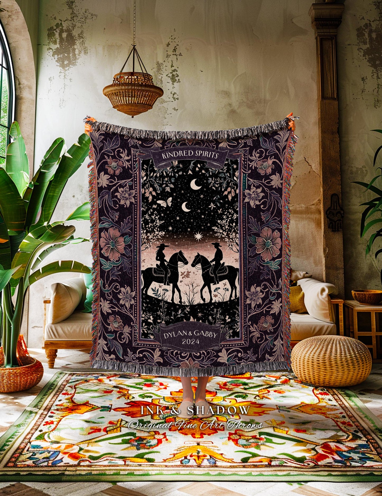 Ethereal Western Whimsy Custom Blanket | Trendy Cowboy & Cowgirl Dating Anniversary Boho Country Farmhouse Wedding Personalized Tapestry |