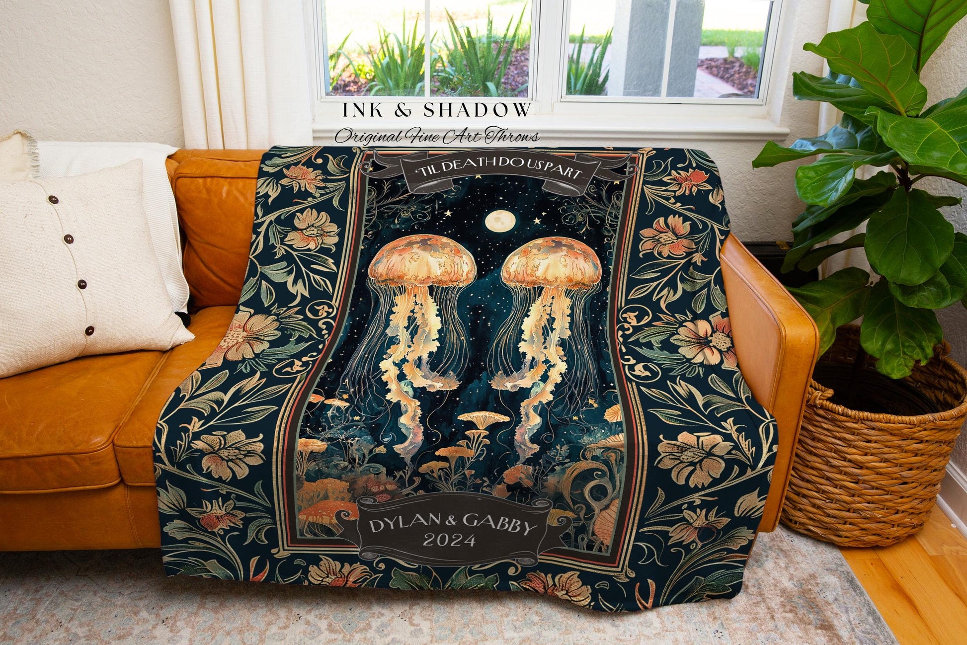 His and Hers Jellyfish Throw Blanket | Underwater Sea Scene Tapestry Celestial Cottagecore Enchanted Wedding Whimsigothic Art Personalized