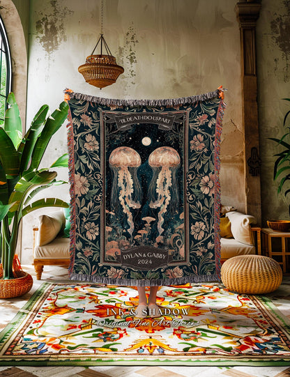 His and Hers Jellyfish Throw Blanket | Underwater Sea Scene Tapestry Celestial Cottagecore Enchanted Wedding Whimsigothic Art Personalized