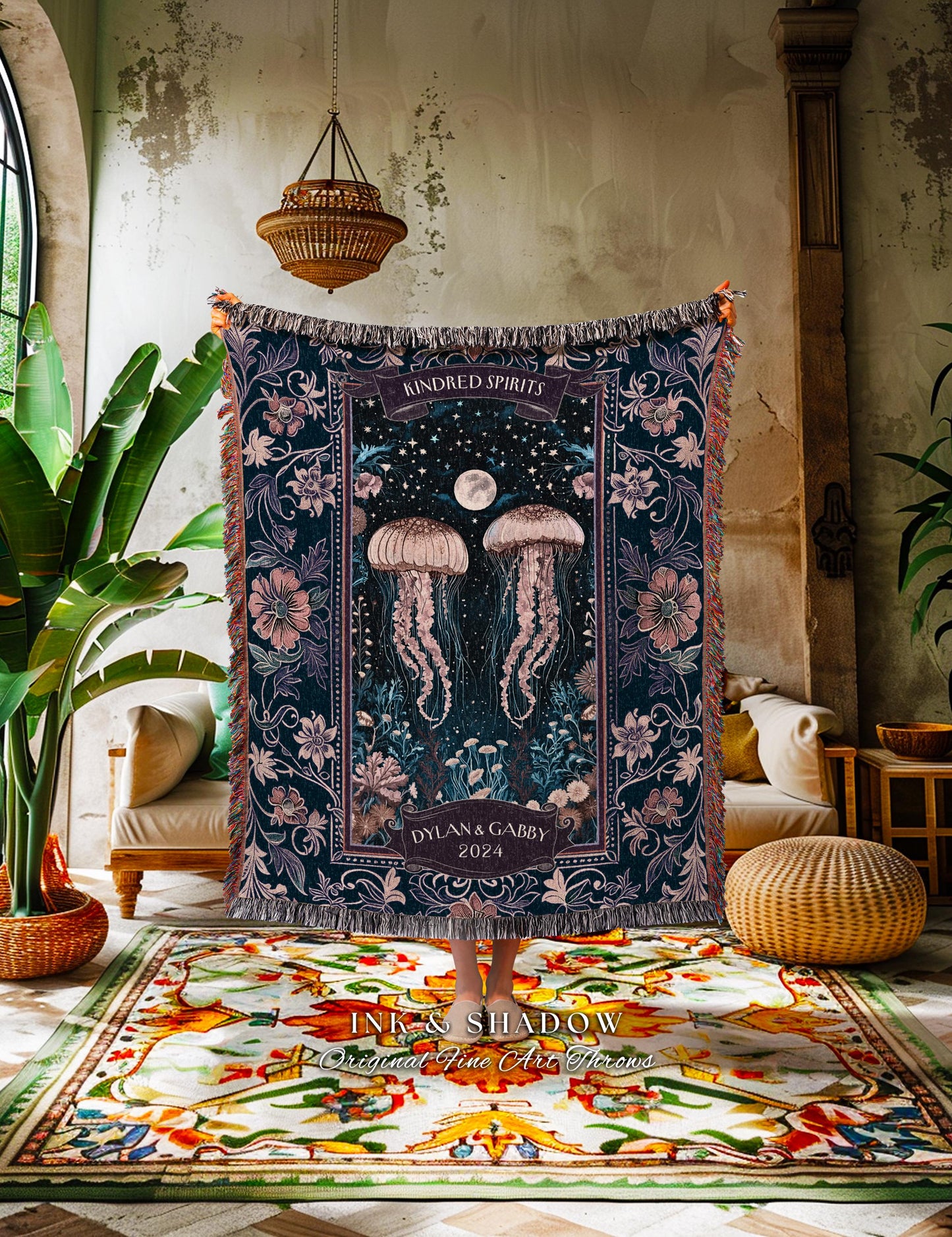 Midnight Purple Enchanted Moonlit Jellyfish Couple Personalized Tapestry Throw, Wedding Anniversary Valentine Custom Names Ocean Art Blanket