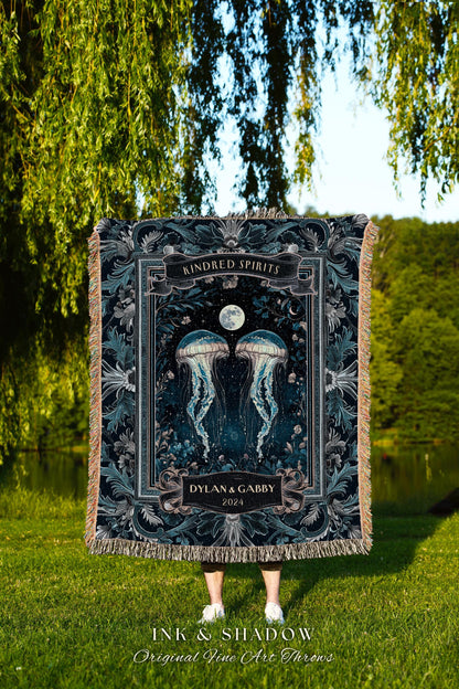 Mystic Moonlit Jellyfish Couple Custom | Personalized Tapestry Woven Wedding Anniversary Valentine His & Her Names Oceanic Art Throw Blanket