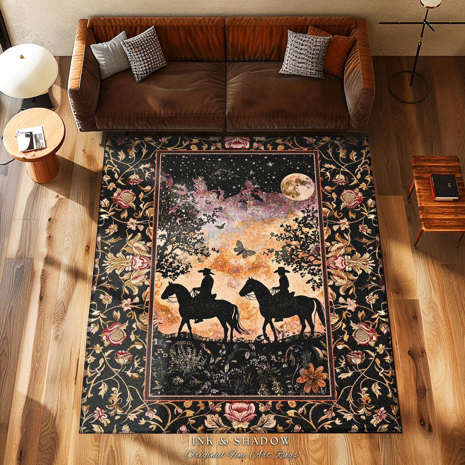 Cosmic Country Western Area Rug | Western Cowgirl Farmhouse Decor Southwestern Nursery Theme Horse Lover Ethereal Bohemian Rug Silhouettes |