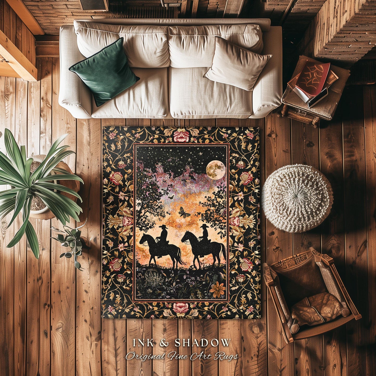 Cosmic Country Western Area Rug | Western Cowgirl Farmhouse Decor Southwestern Nursery Theme Horse Lover Ethereal Bohemian Rug Silhouettes |