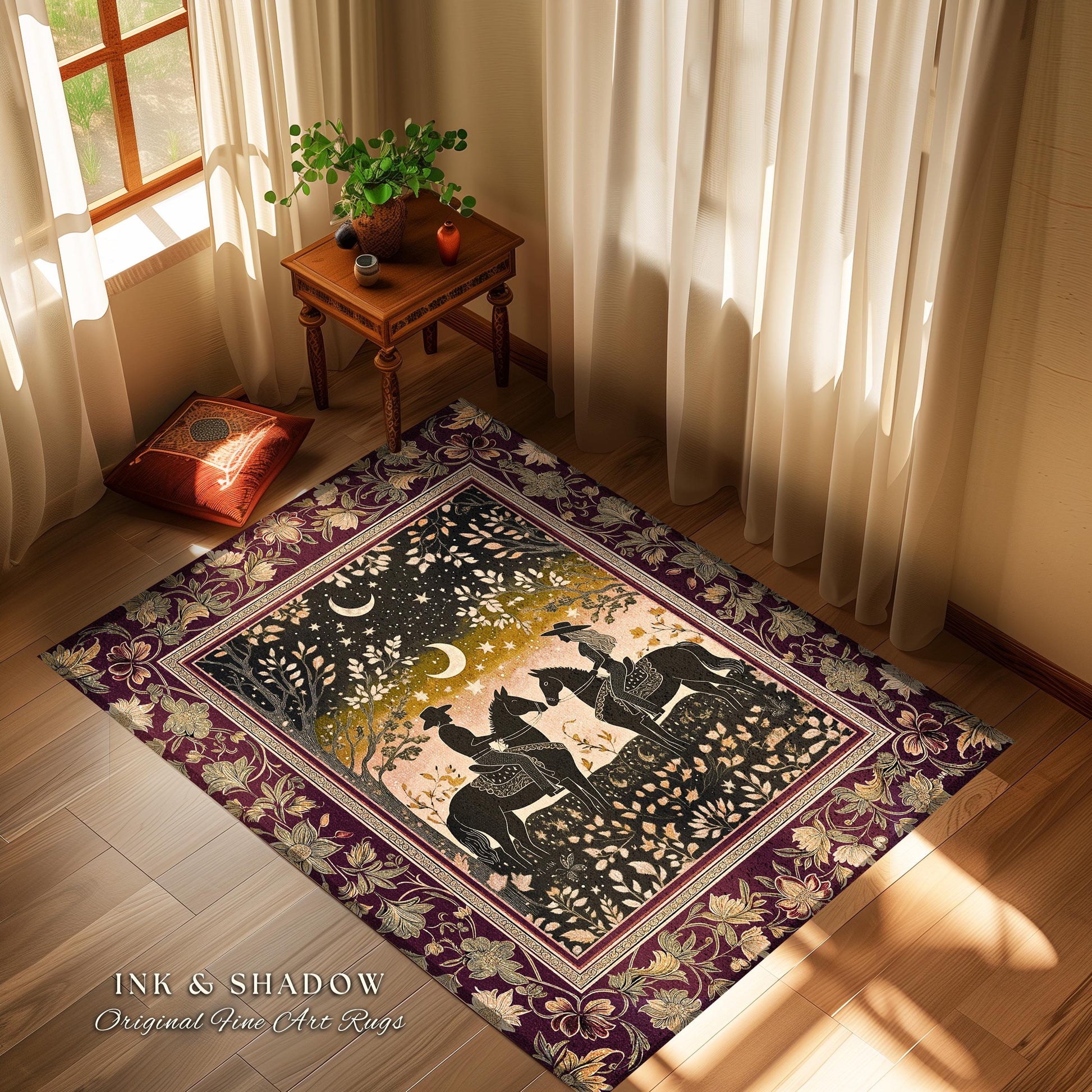 Western Vibe Farmhouse Rug | Ethereal Silhouettes Starry Night Country Western Cowgirl Farmhouse Decor Southwestern Nursery Theme Horse Boho