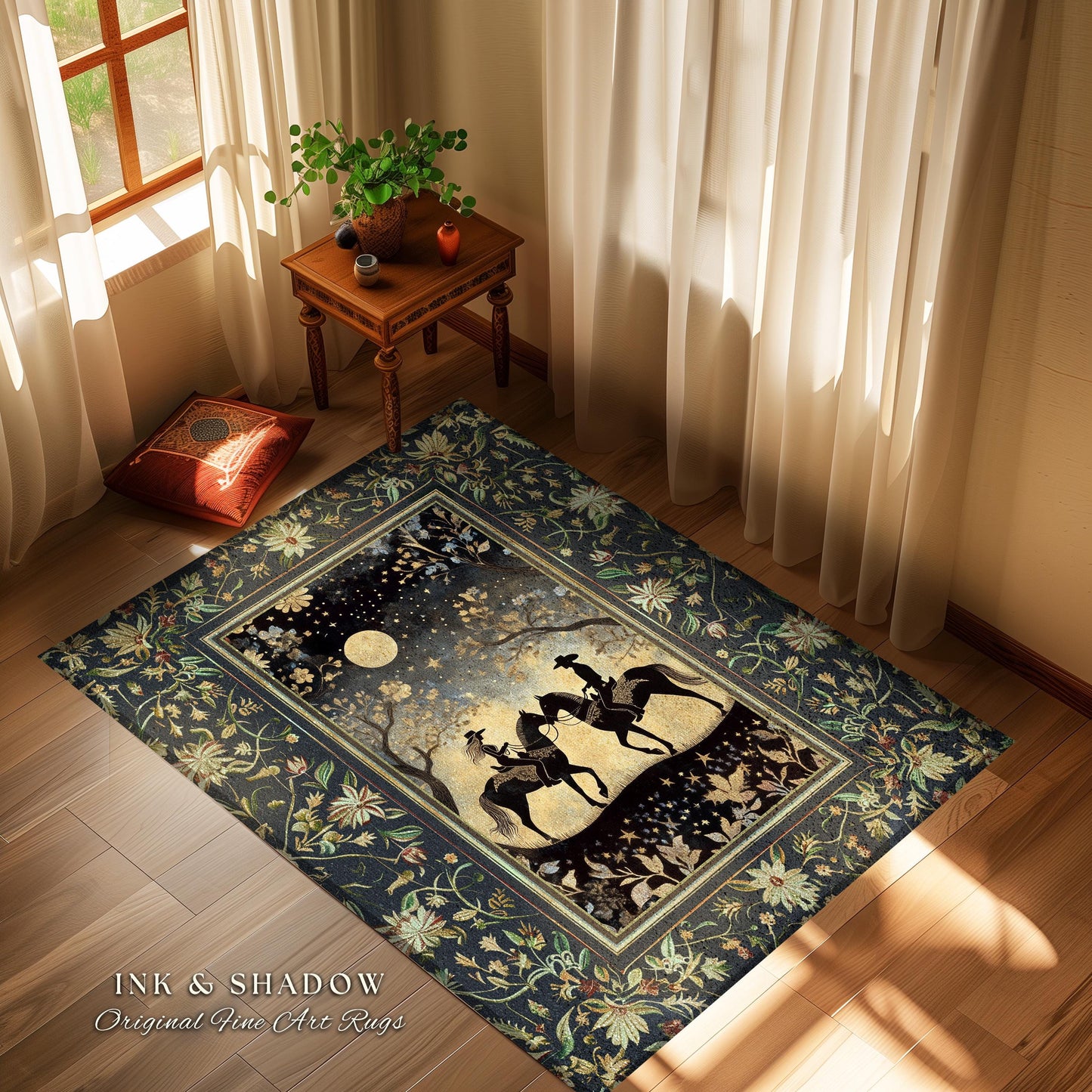 Whimsigothic Western Rug Cute | Storybook Book Nook Area Rug Ethereal Silhouettes Starry Night Country Western Cowgirl Farmhouse Aesthetic |