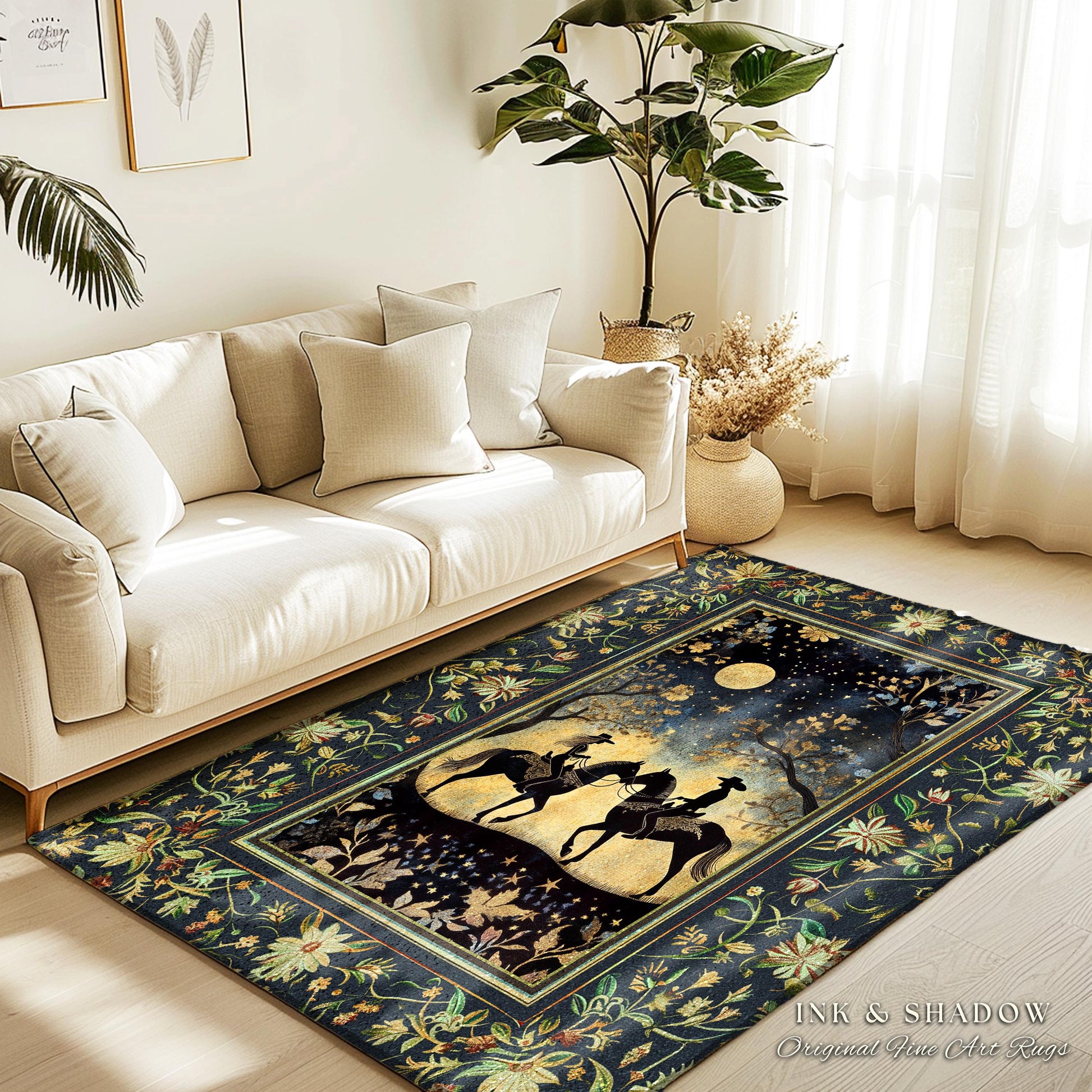 Whimsigothic Western Rug Cute | Storybook Book Nook Area Rug Ethereal Silhouettes Starry Night Country Western Cowgirl Farmhouse Aesthetic |