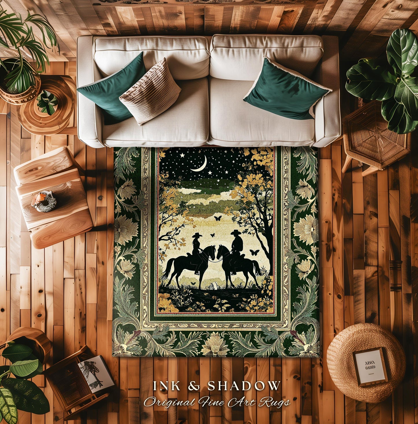 Western Aesthetic Area Rug | Celestial Cowboy & Cowgirl Rustic Farmhouse Decor Western Theme Horse Lover Ethereal Bohemian Living Room Cute